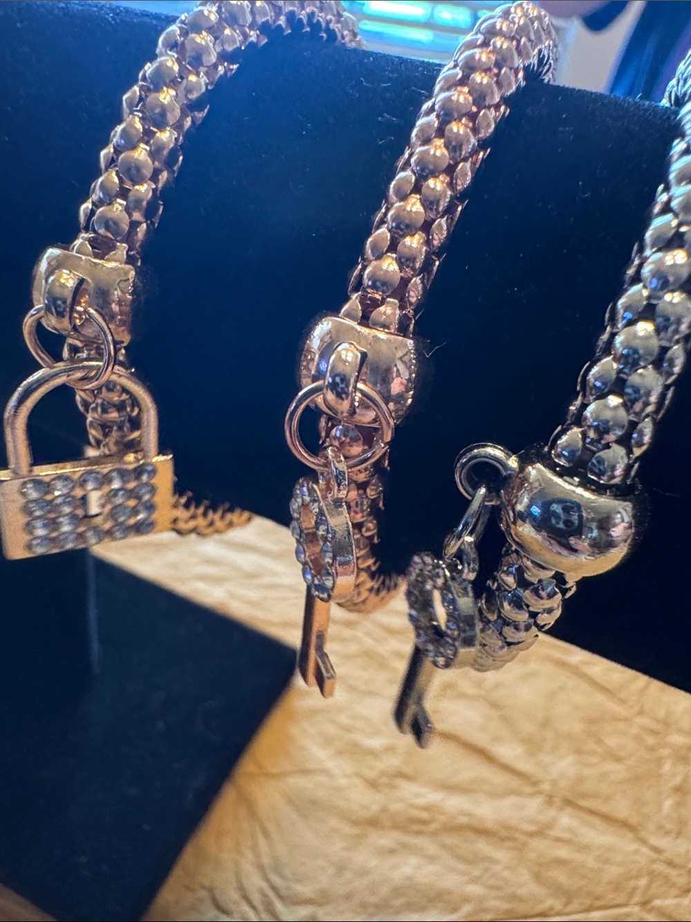 Triple Charm Padlock & Key Bracelet Set - Gold, Silver, Rose Gold Tone